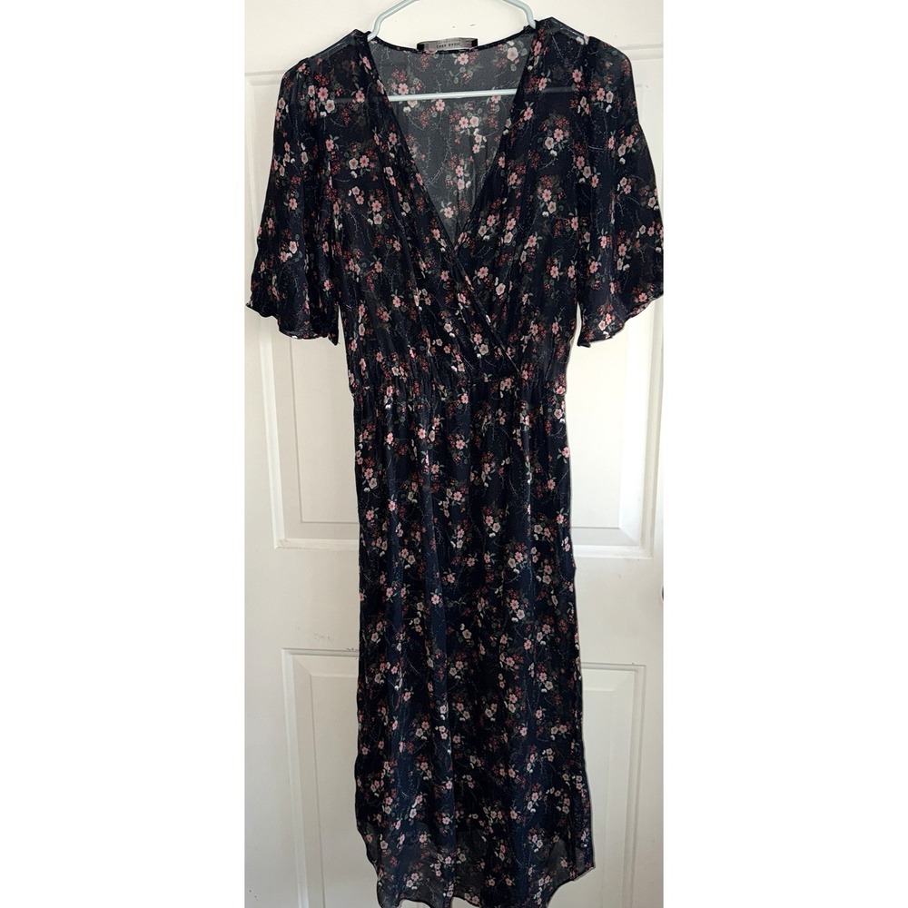 Zara Basic Black Chiffon Floral Midi Dress Handkerchief Slit V-Neck Size XS